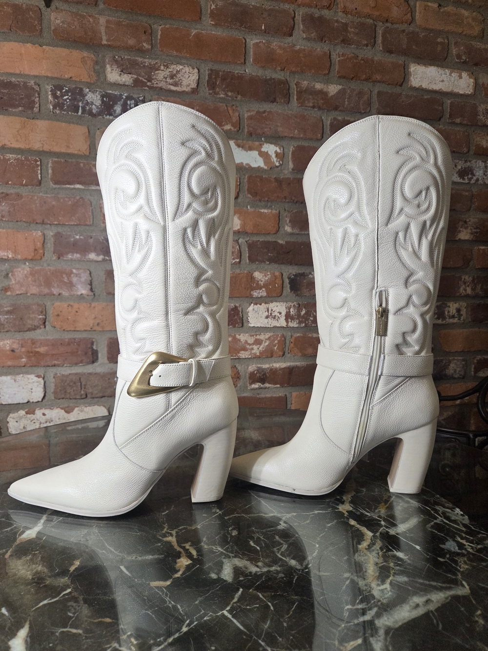 Vince Camuto Rich Cream Embossed Western Knee Boots with Gold Buckle